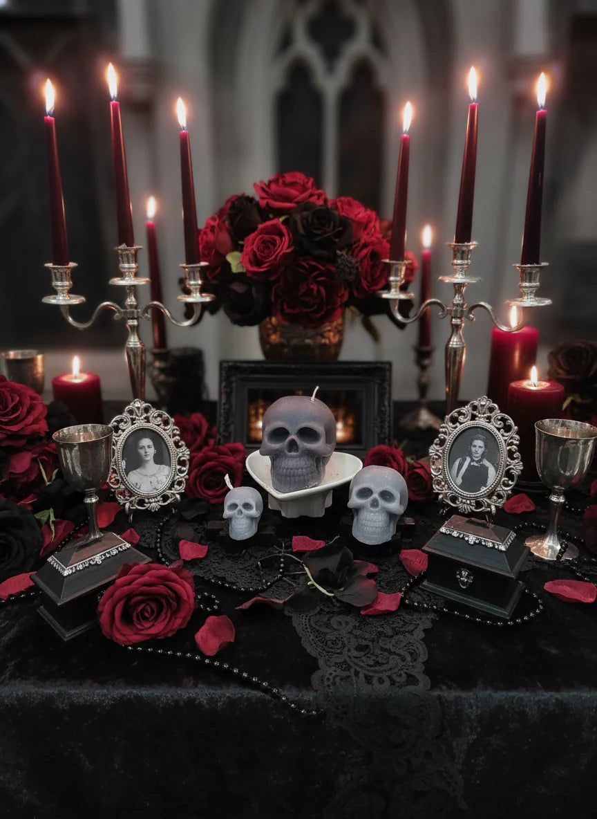Gothic table setting with candles, flowers, skulls, and portraits in a darkly decorated room.